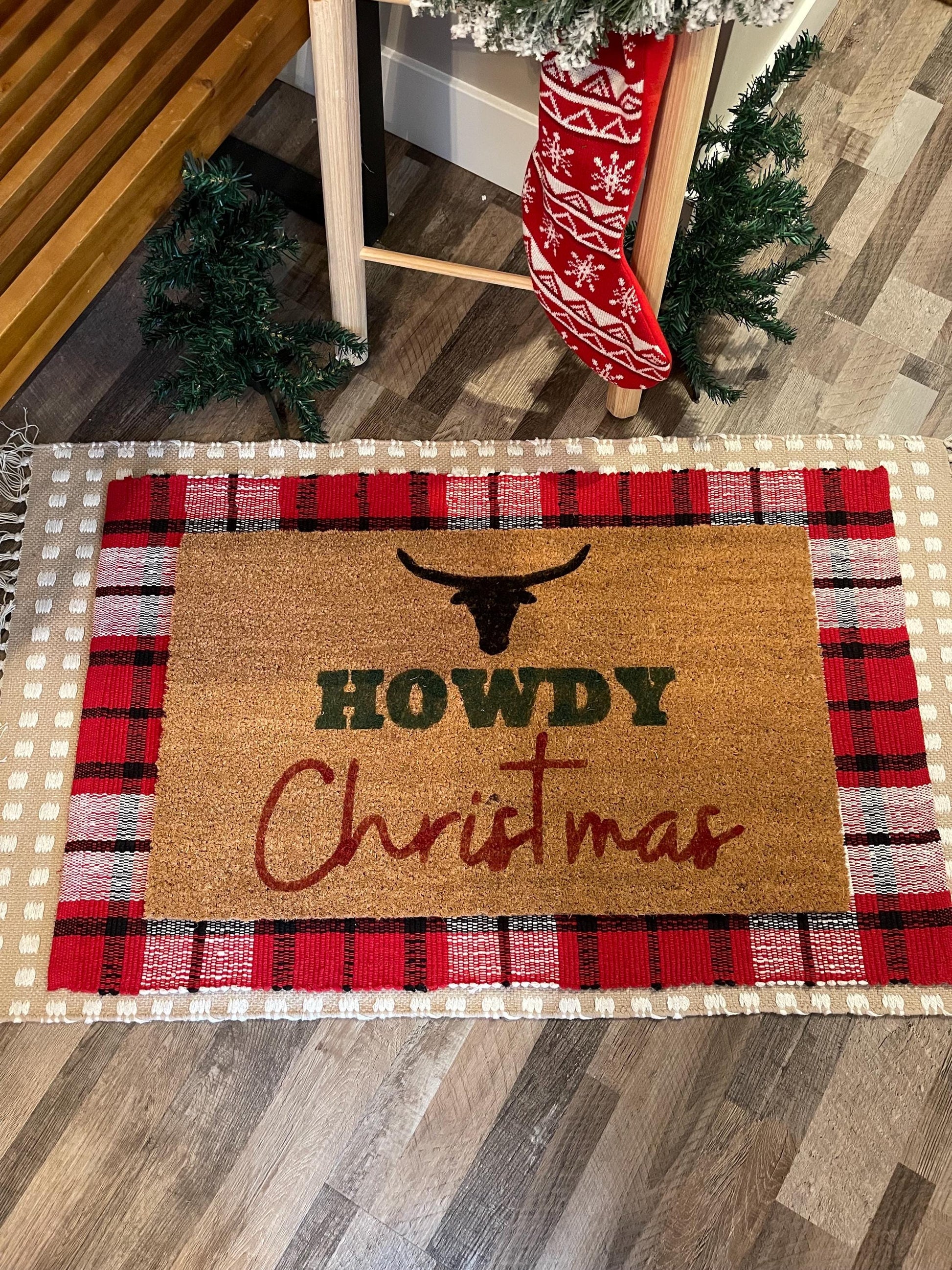 Howdy Christmas Doormat | Country Christmas Decor| Western Christmas | Farmhouse Christmas | Steer head decor | Christmas Gift | Home Gift